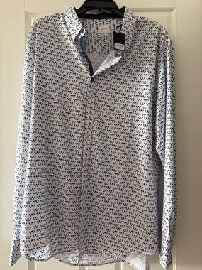 Buckle Men's White Button-Down Shirt with Navy Microprint